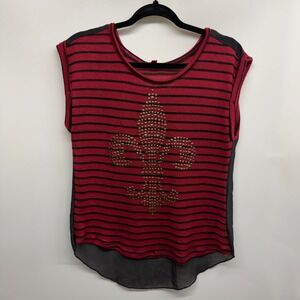 Vtg Y2K Bongo Red Black Stripe Fleur de Lis Studded Sheer Top M Festival‎ Grunge